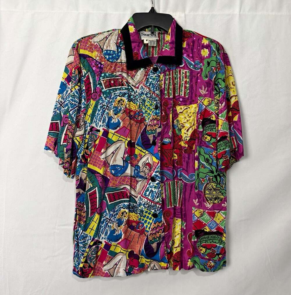 Vtg Surya Graphic Blouse Medium Women’s Pop Art Beaded Sequin Shirt 90s
